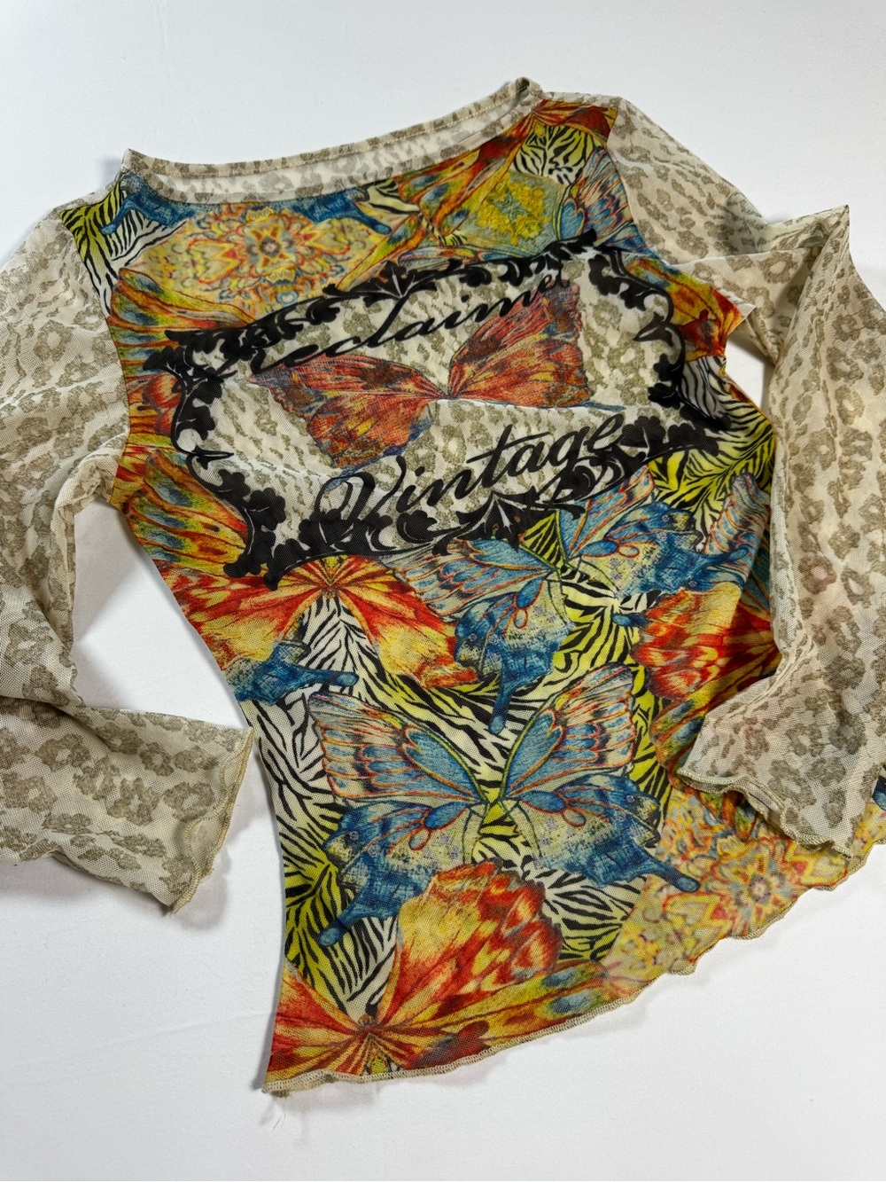 Vintage-Inspired Butterfly Print Long Sleeve Top - Multi